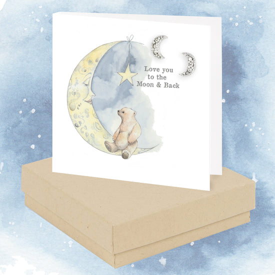 Handcrafted Sterling Silver Stud Earrings  Bear and Moon Love You to The Moon and Back  Boxed Gift Card