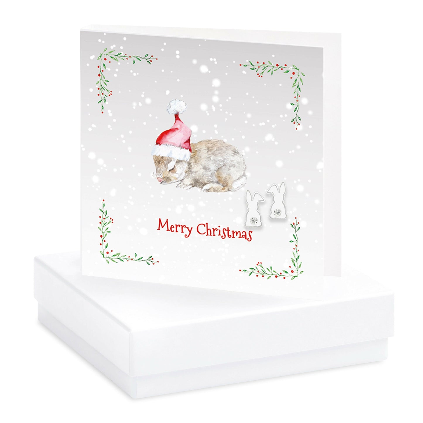 Sterling Silver Christmas CZ Bunny Earrings Card and Gift Box
