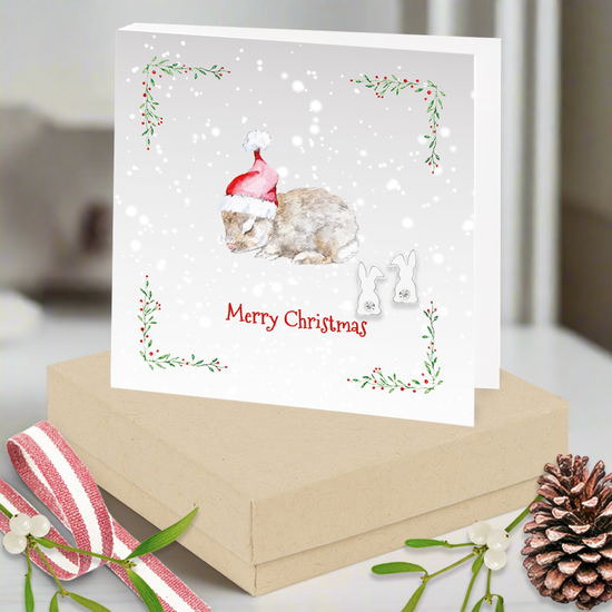 Sterling Silver Christmas CZ Bunny Earrings Card and Gift Box