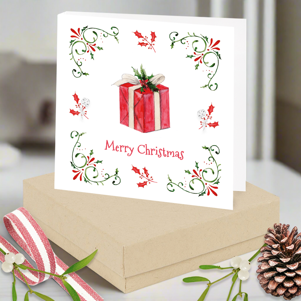 Sterling Silver Christmas Present Earrings Card and Gift Box
