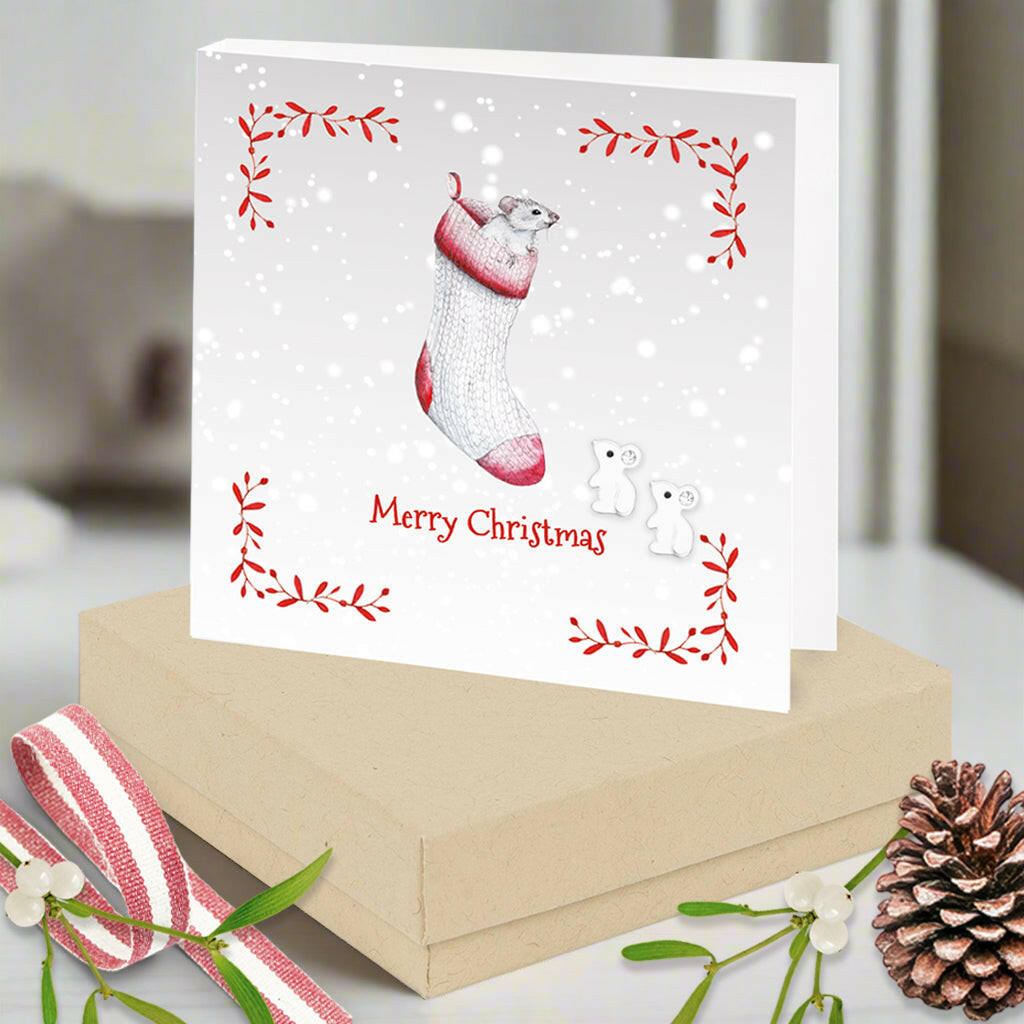 Sterling Silver Christmas Mouse Earrings Card and Gift Box