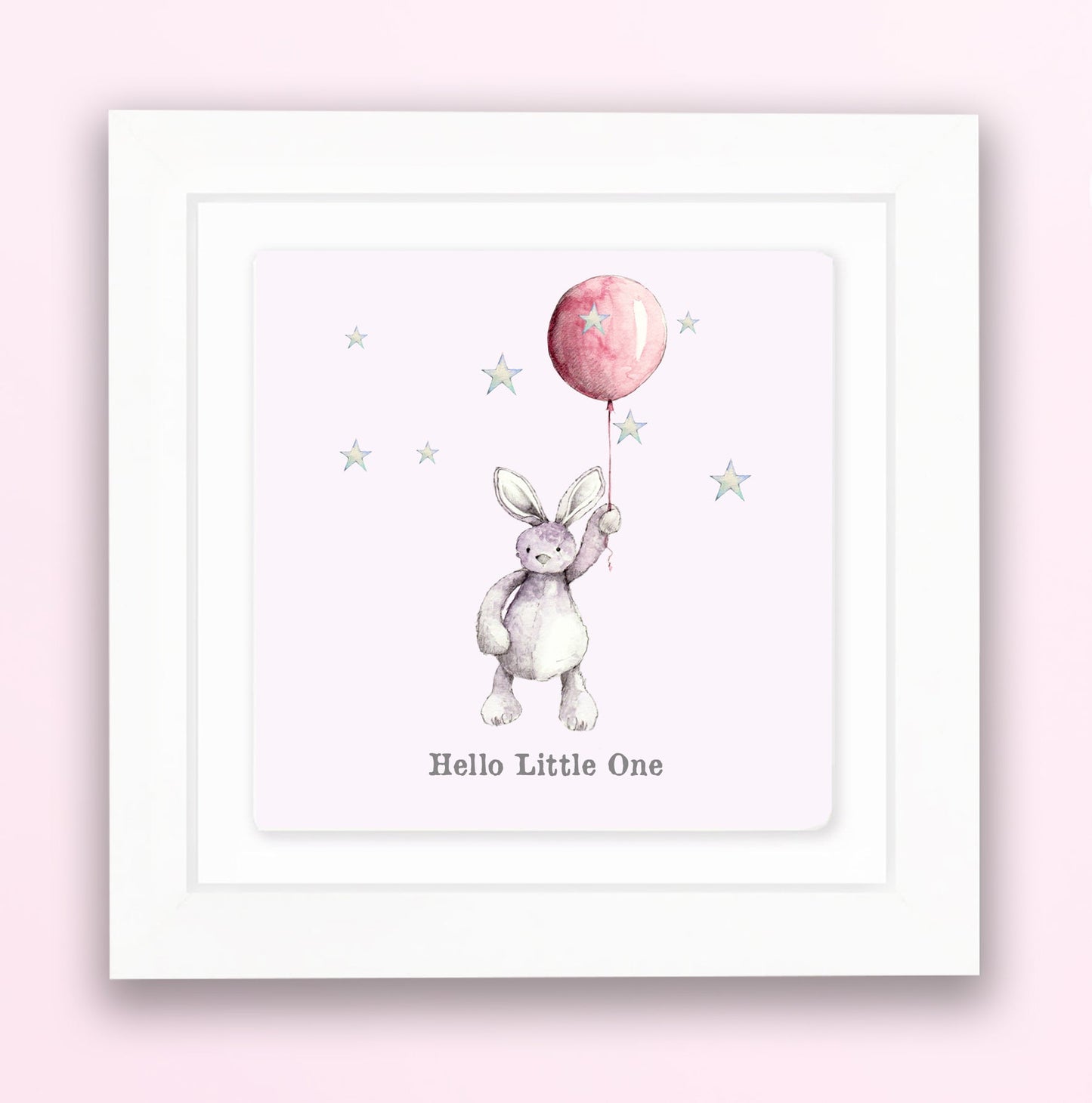Hand Finished Ceramic Framed Tile Print - Pink Bunny & Balloon Design - Nursery Decor - Newborn Gifts