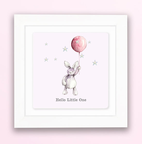 Hand Finished Ceramic Framed Tile Print - Pink Bunny & Balloon Design - Nursery Decor - Newborn Gifts