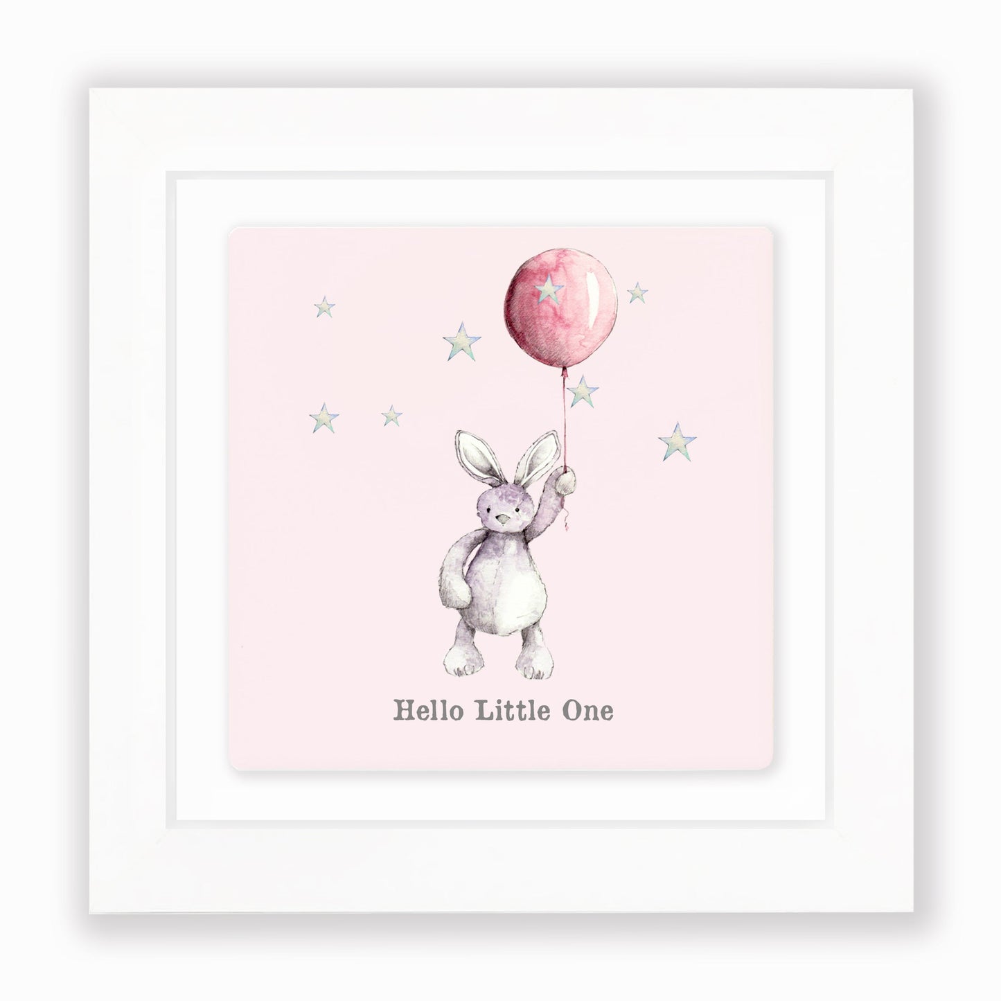 Hand Finished Ceramic Framed Tile Print - Pink Bunny & Balloon Design - Nursery Decor - Newborn Gifts