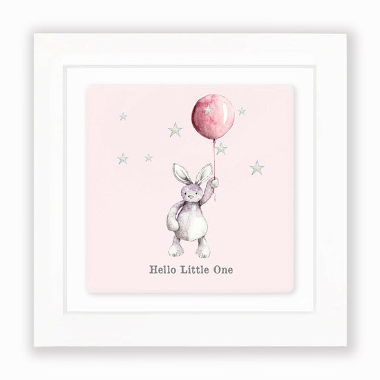 Load image into Gallery viewer, Hand Finished Ceramic Framed Tile Print - Pink Bunny &amp;amp; Balloon Design - Nursery Decor - Newborn Gifts
