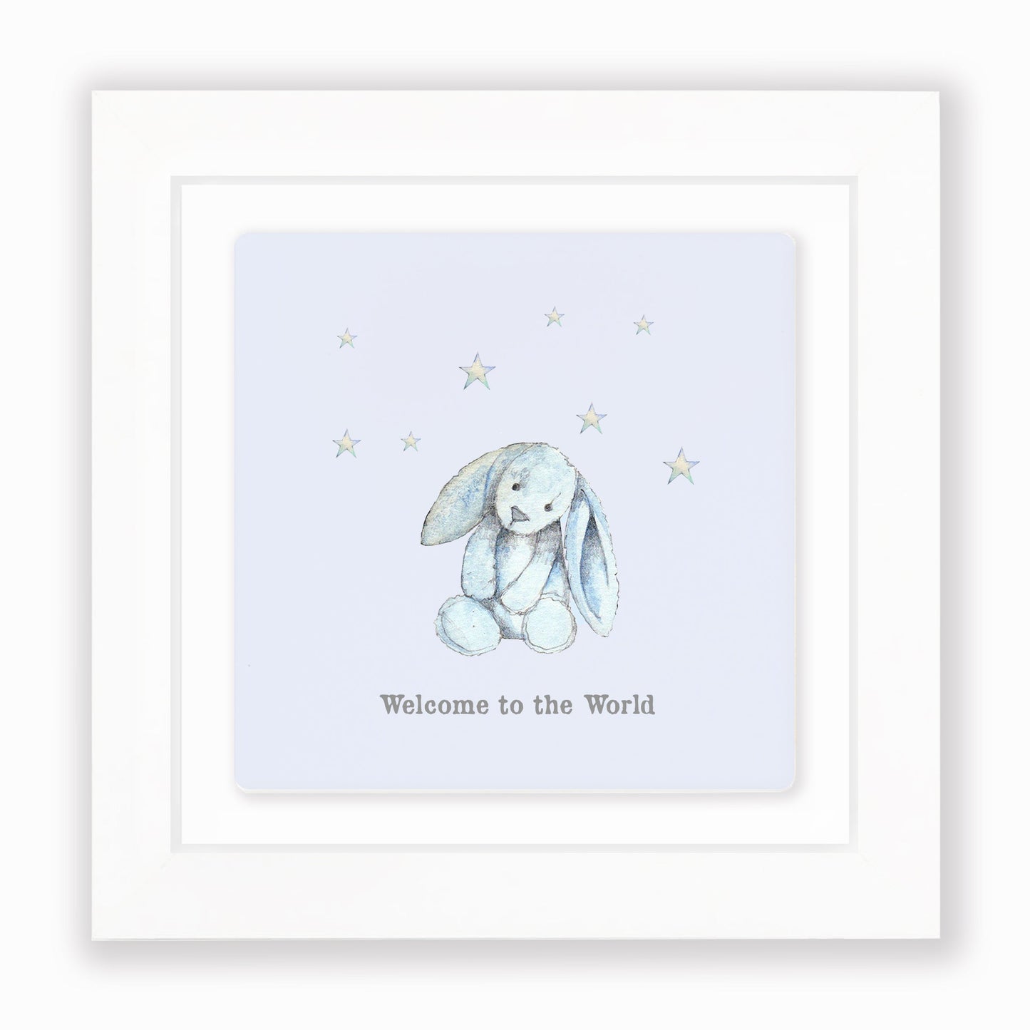 Hand Finished Ceramic Framed Tile Print - Blue Bunny Welcome To The World Design - Nursery Decor - Newborn Gifts