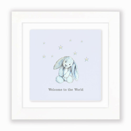 Load image into Gallery viewer, Hand Finished Ceramic Framed Tile Print - Blue Bunny Welcome To The World Design - Nursery Decor - Newborn Gifts
