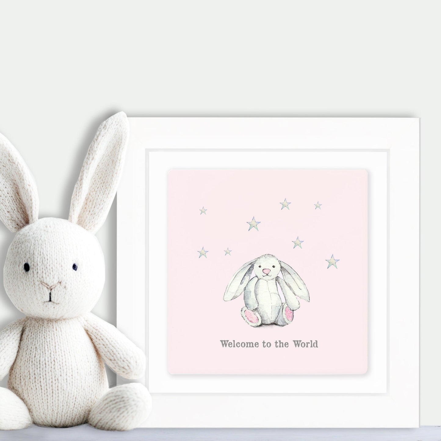 Hand Finished Ceramic Framed Tile Print - Pink Bunny Welcome To The World Design - Nursery Decor - Newborn Gifts