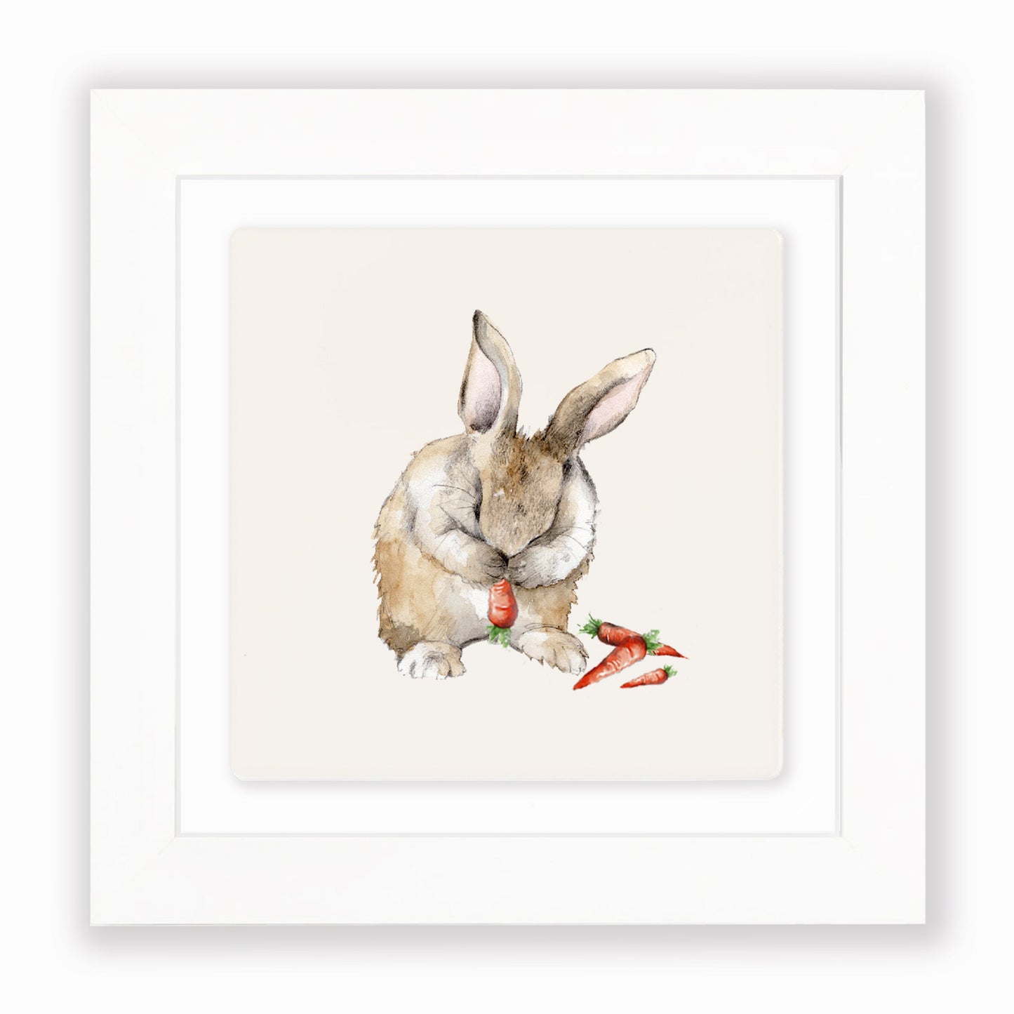 Hand Finished Ceramic Framed Tile Print - Bunny & Carrot Design