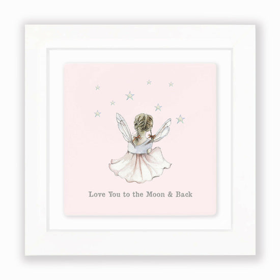 Load image into Gallery viewer, Hand Finished Ceramic Framed Tile Print - Fairy Love You To The Moon Design - Home Decor - Gifts for Her - Nursery Decor - Newborn Gifts
