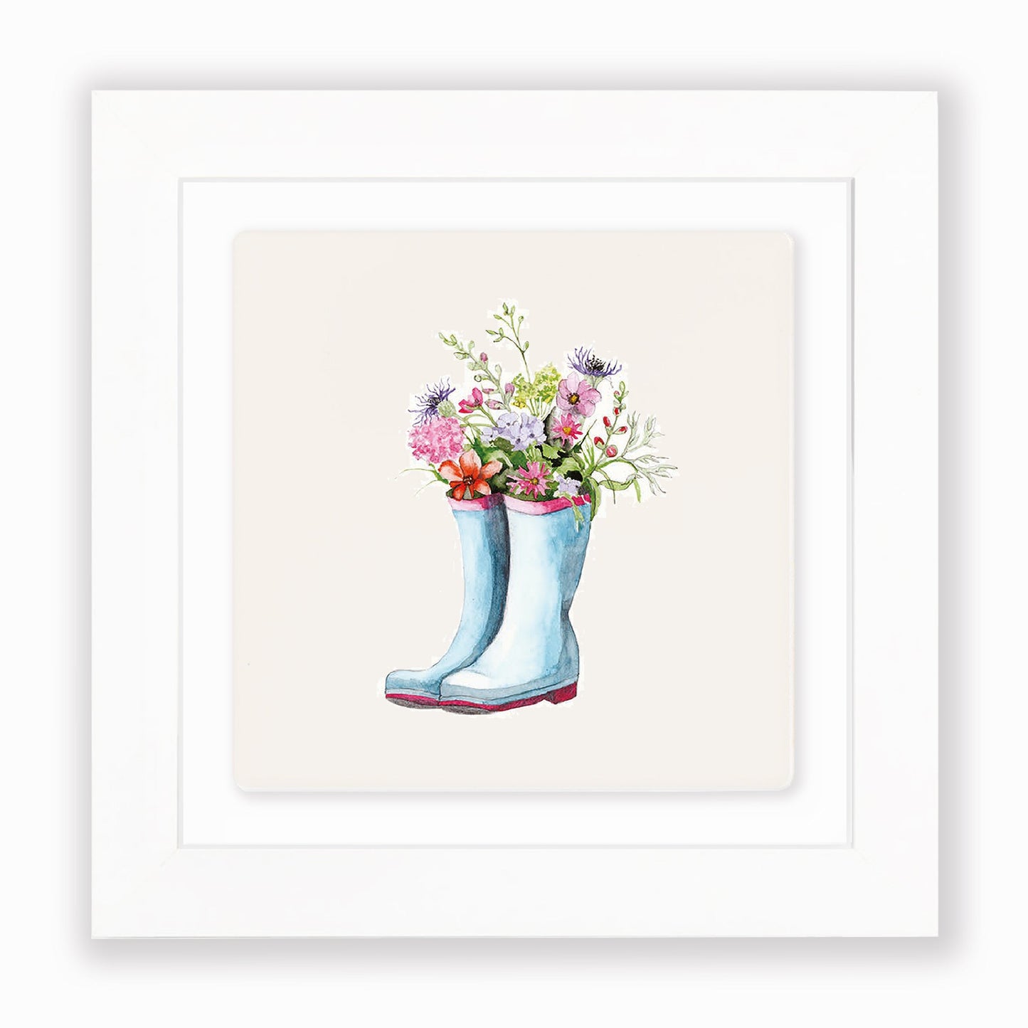 Hand Finished Ceramic Framed Tile Print - Flowers & Wellies Design - Home Decor - Gifts for Her