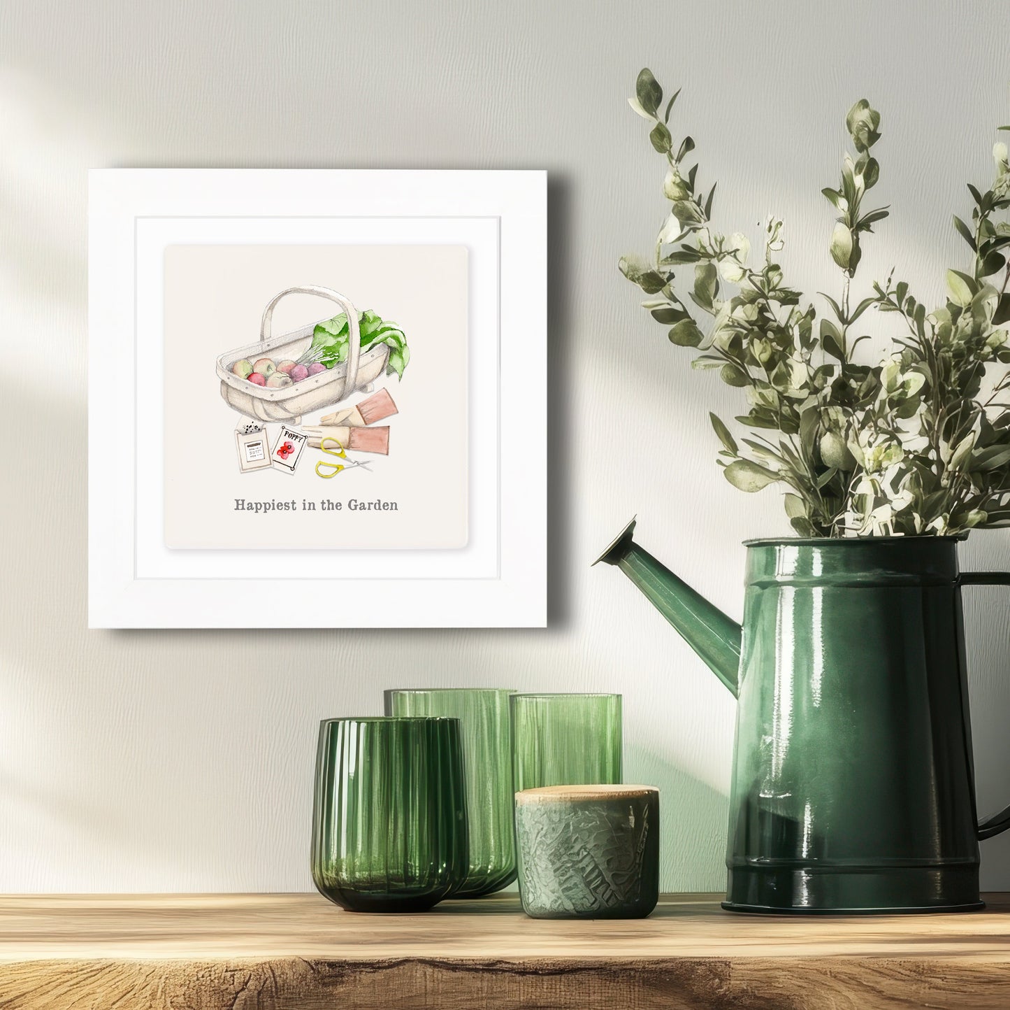 Hand Finished Ceramic Framed Tile Print - Garden Trug Design - Home Decor - Gifts for Her