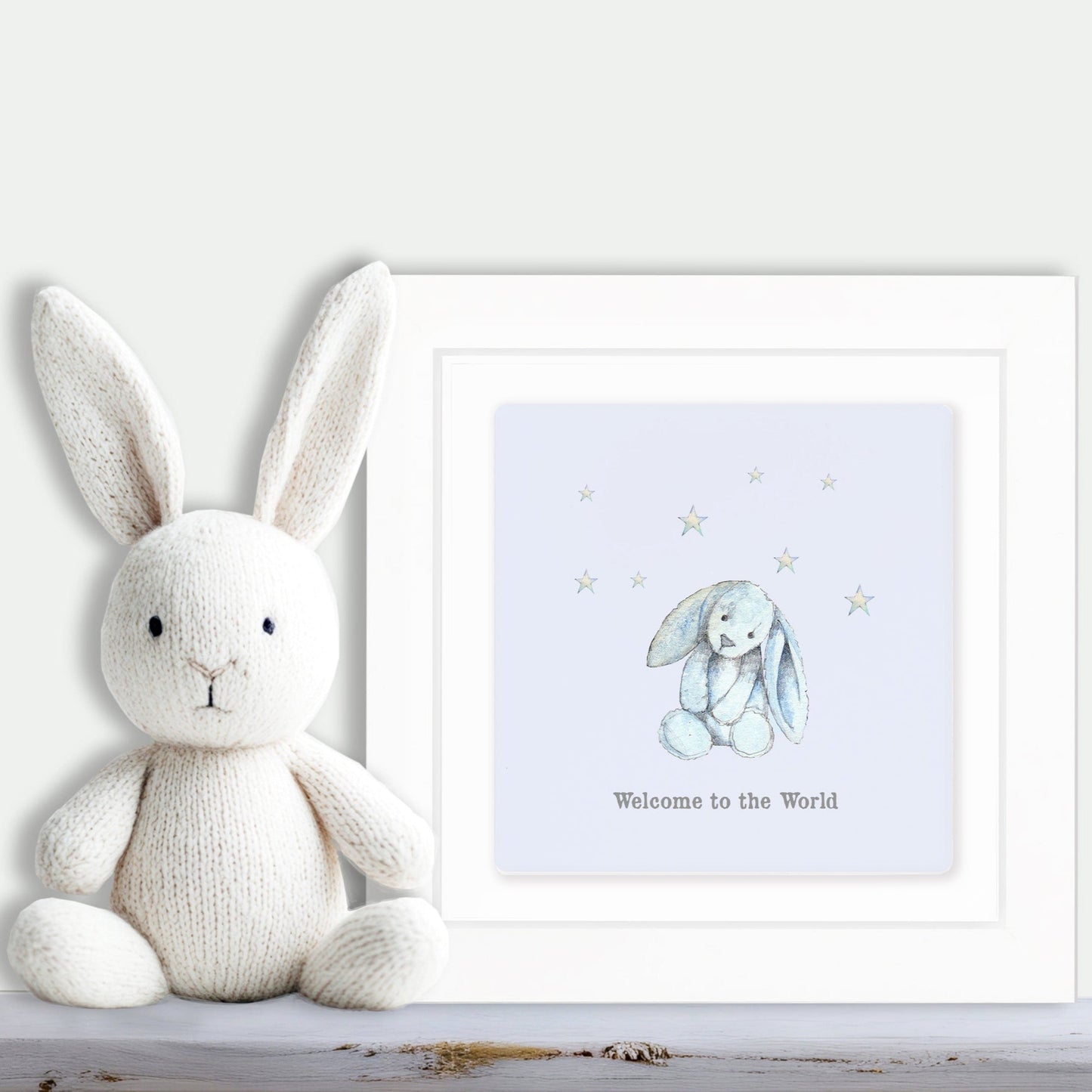 Hand Finished Ceramic Framed Tile Print - Blue Bunny Welcome To The World Design - Nursery Decor - Newborn Gifts