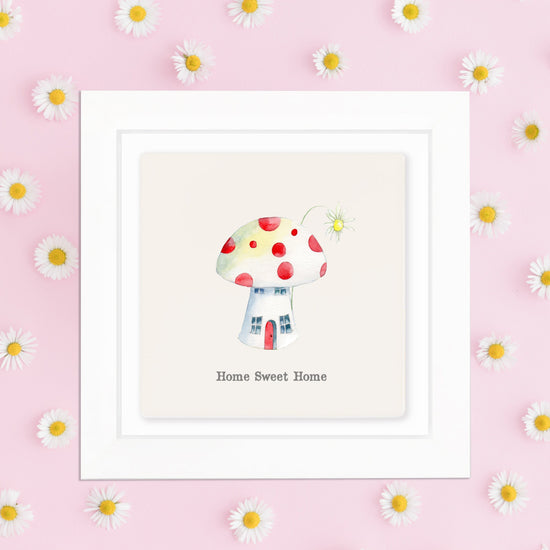 Hand Finished Ceramic Framed Tile Print - Toadstool Home Sweet Home Design - Home Decor - Gifts for Her