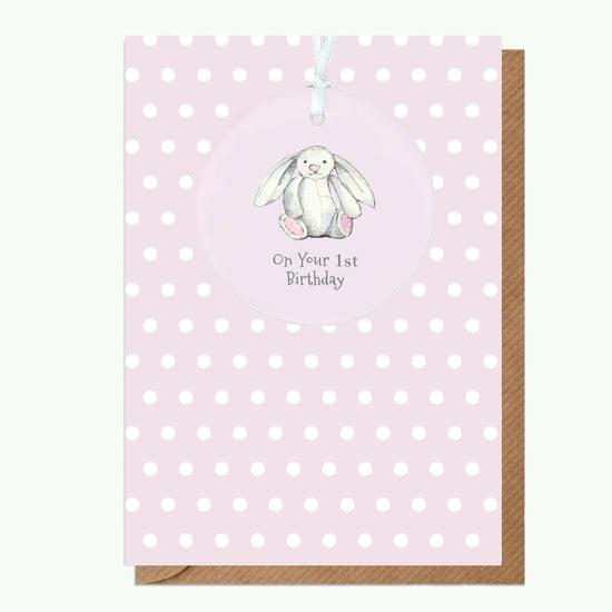 A6 Greeting Card with Ceramic Keepsake - Baby 1st Birthday Girl Bunny Greeting & Note Cards Crumble and Core   