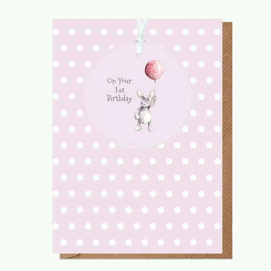 A6 Greeting Card with Ceramic Keepsake - Baby 1st Birthday Girl Teddy & Balloon Greeting & Note Cards Crumble and Core   