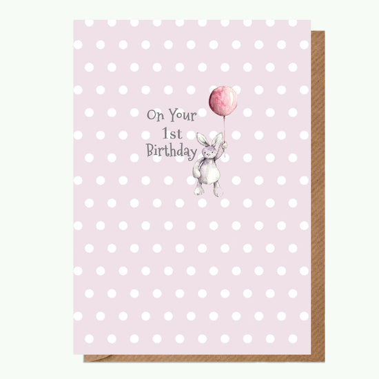 A6 Greeting Card with Ceramic Keepsake - Baby 1st Birthday Girl Teddy & Balloon Greeting & Note Cards Crumble and Core   