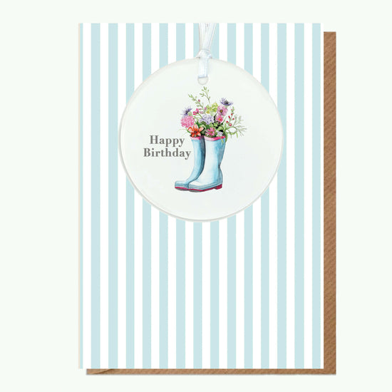 A6 Greeting Card with Ceramic Keepsake - Flowers & Wellies Happy Birthday Greeting & Note Cards Crumble and Core   