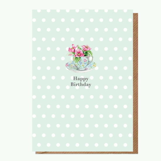 A6 Greeting Card with Ceramic Keepsake - Flowers & Tea Cup Happy Birthday Greeting & Note Cards Crumble and Core   