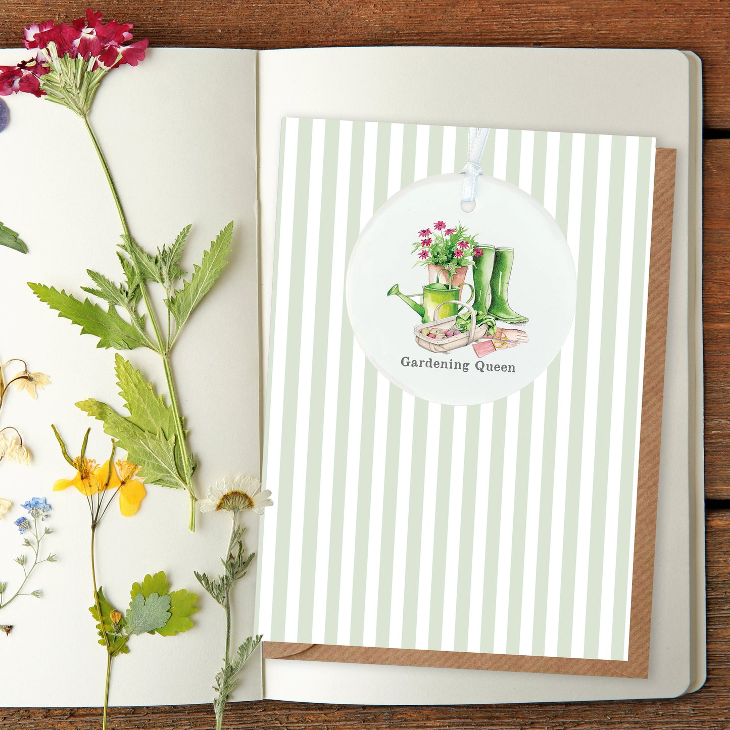 Ceramic Keepsake Hanging Decoration  - A6 Greeting Card with Ceramic Keepsake - Gardening Queen