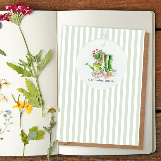 Ceramic Keepsake Hanging Decoration  - A6 Greeting Card with Ceramic Keepsake - Gardening Queen