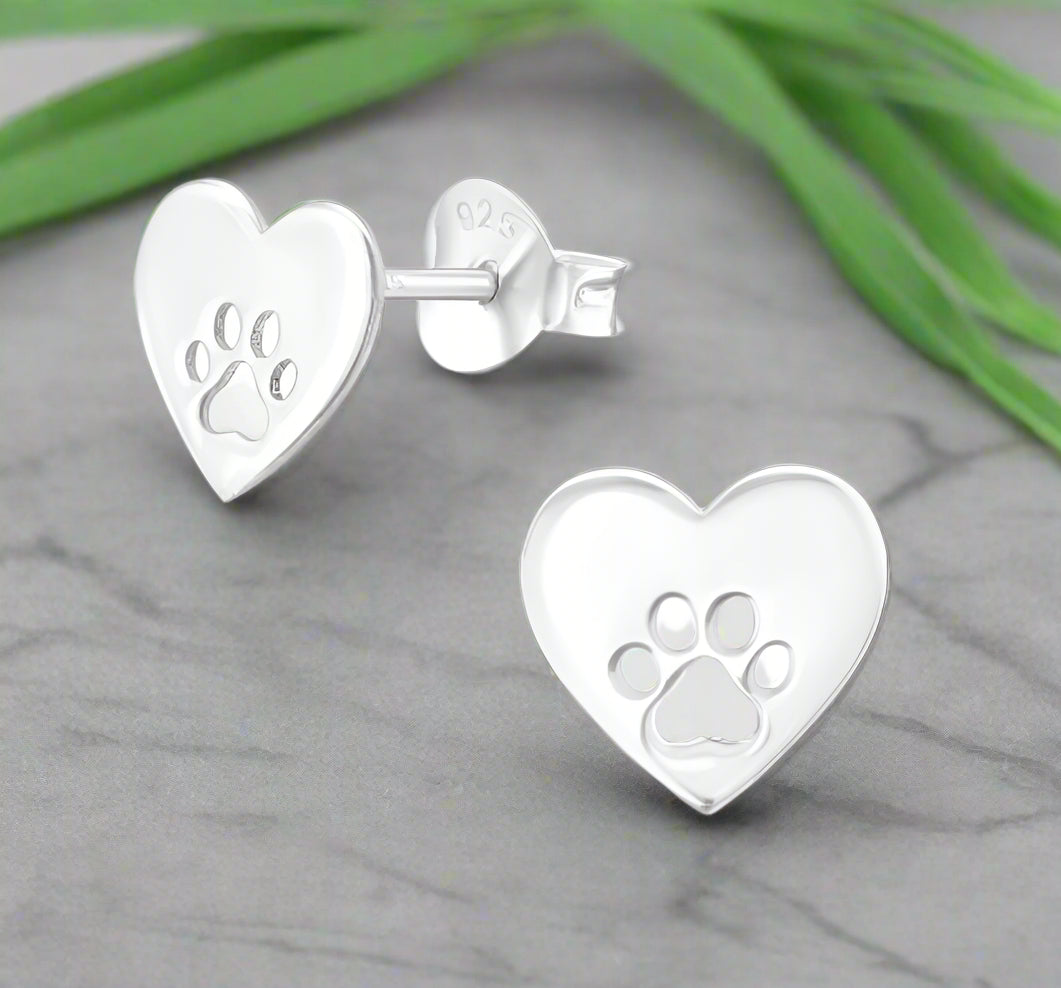 Dog Paw Heart Silver Ear Stud Earrings Crumble and Core   