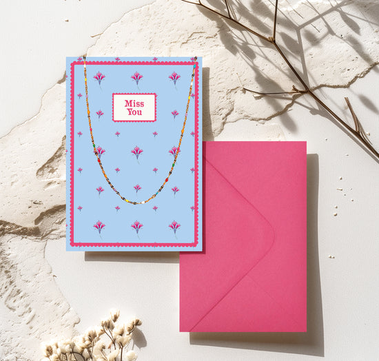 Gold Beaded Necklace and Miss You Card Gift Set