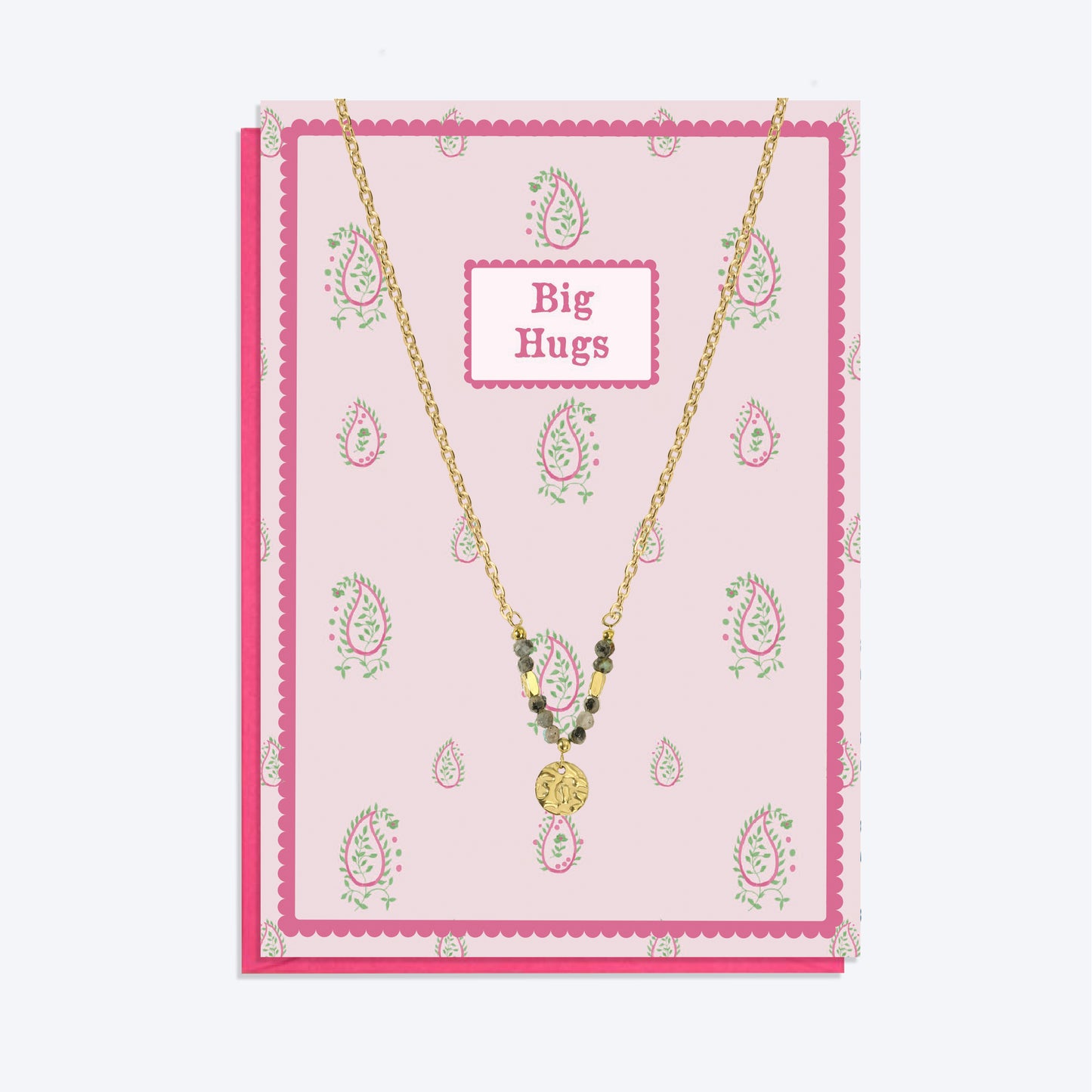 Gold Grey Granite Beaded Necklace and Big Hugs Card Gift Set