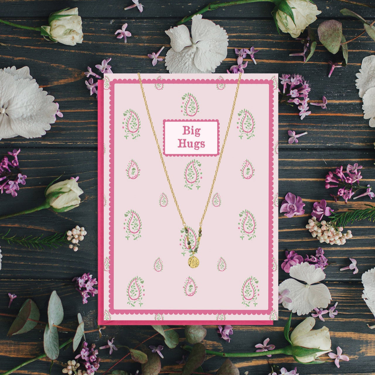 Gold Grey Granite Beaded Necklace and Big Hugs Card Gift Set