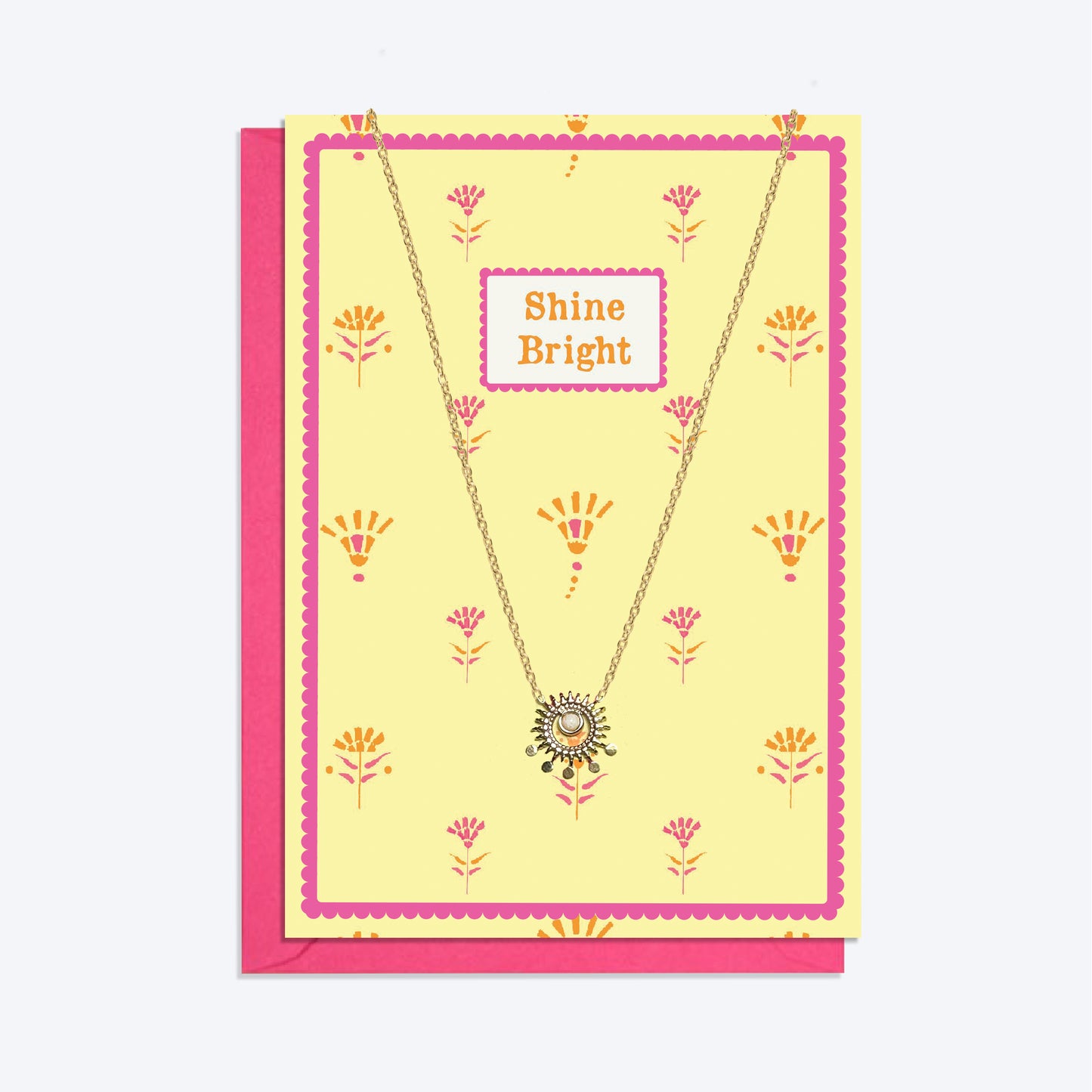 Gold and Stone Sun Pendant Necklace and Shine Bright Card Gift Set