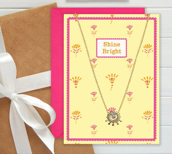 Gold and Stone Sun Pendant Necklace and Shine Bright Card Gift Set