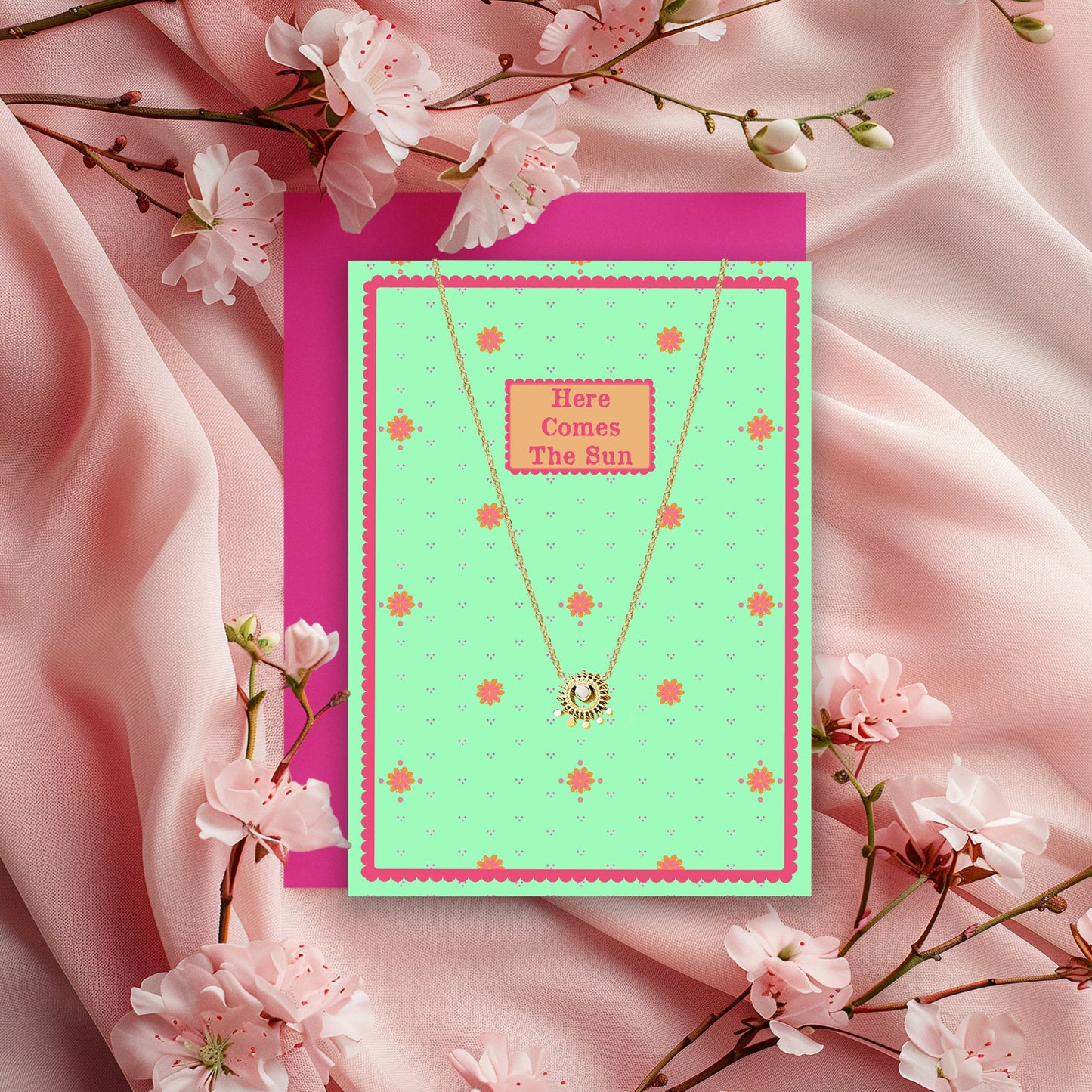 Gold and Stone Sun Pendant Necklace and Here Comes the Sun Card Gift Set