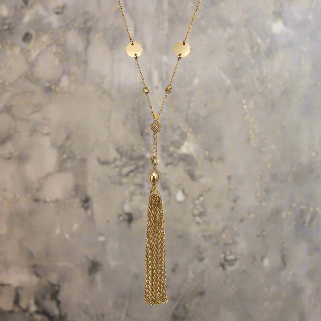 Gold Beaded and Lariat Tassel Necklace