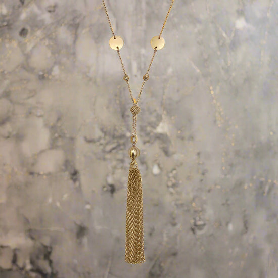 Gold Beaded and Lariat Tassel Necklace