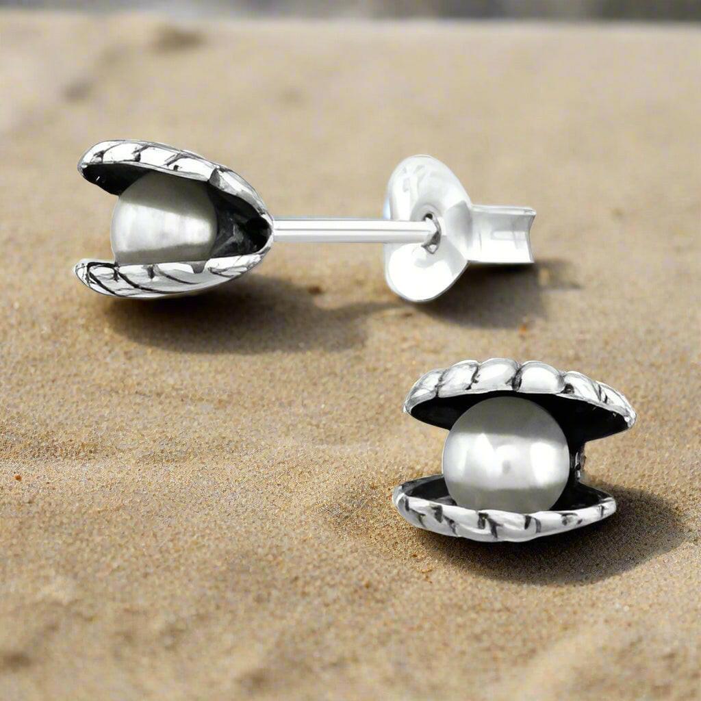 Stylish Silver Shell and Pearl Stud Earrings - Perfect Jewellery for Any Occasion - Crumble and Core