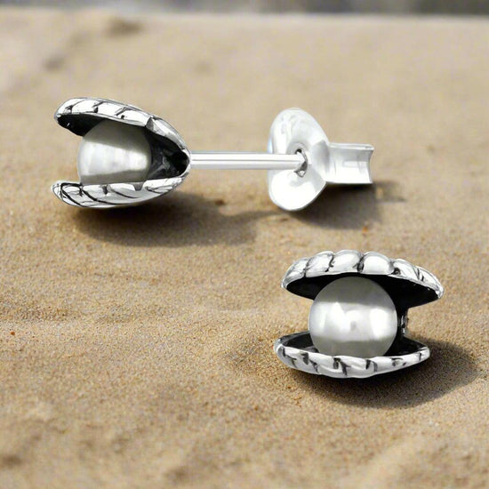 Stylish Silver Shell and Pearl Stud Earrings - Perfect Jewellery for Any Occasion - Crumble and Core
