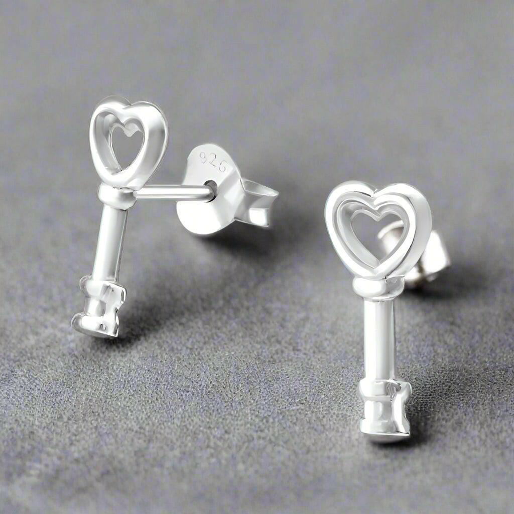 Silver Stud Earrings – Lightweight Sterling Silver Key Design Studs for Sensitive Ears - Crumble and Core
