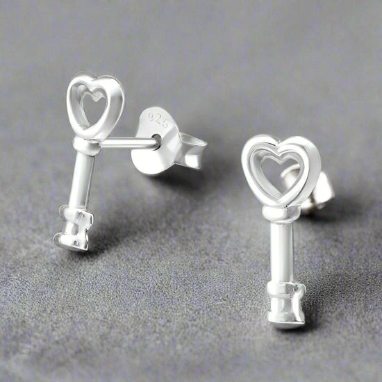 Silver Stud Earrings – Lightweight Sterling Silver Key Design Studs for Sensitive Ears - Crumble and Core