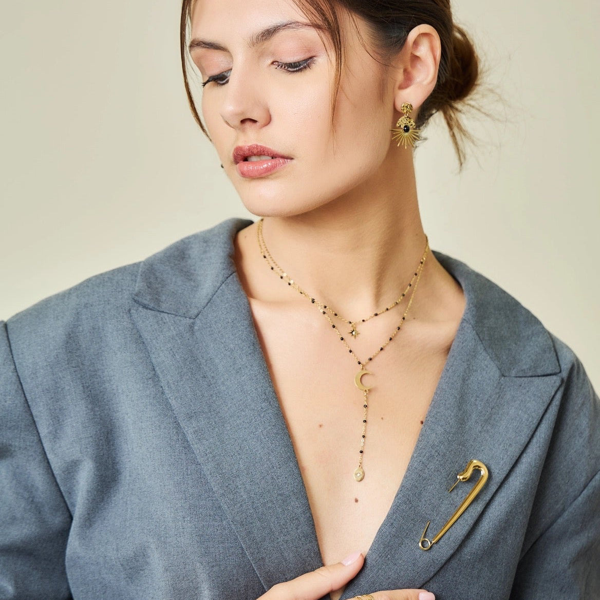 Gold and Black Beaded Star and Moon Double Layered Lariat Necklace