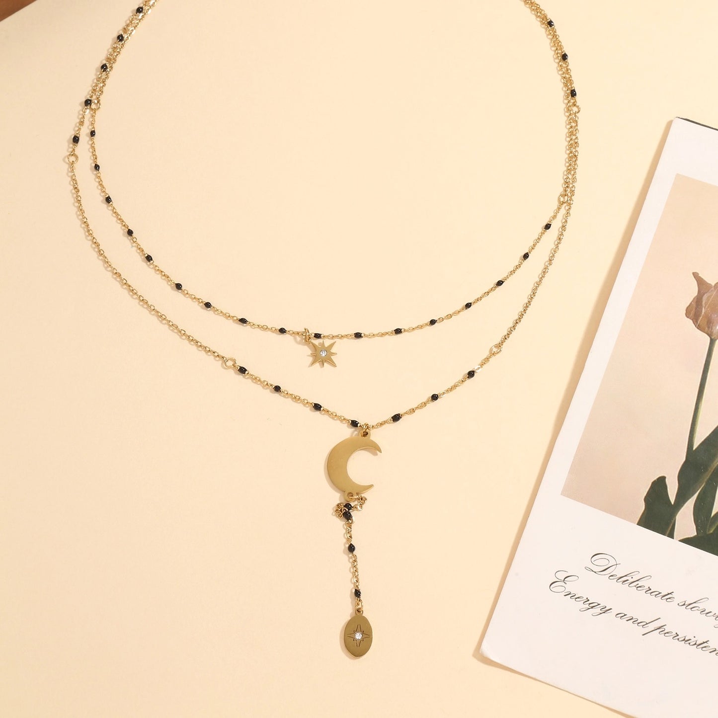 Gold and Black Beaded Star and Moon Double Layered Lariat Necklace