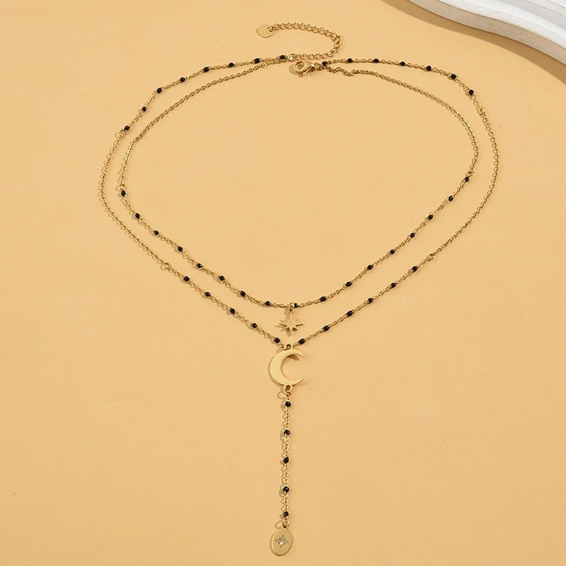 Gold and Black Beaded Star and Moon Double Layered Lariat Necklace