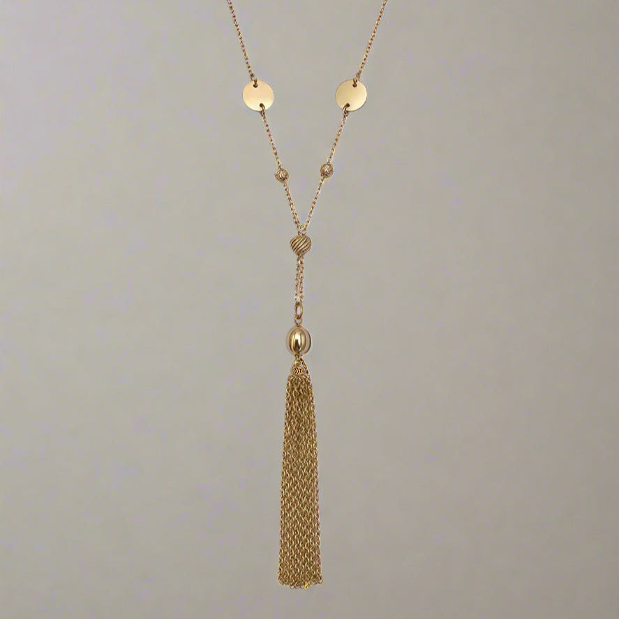 Gold Beaded and Lariat Tassel Necklace