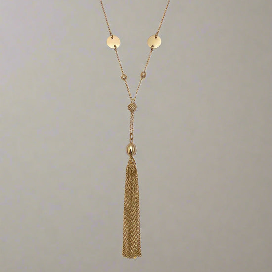 Gold Beaded and Lariat Tassel Necklace