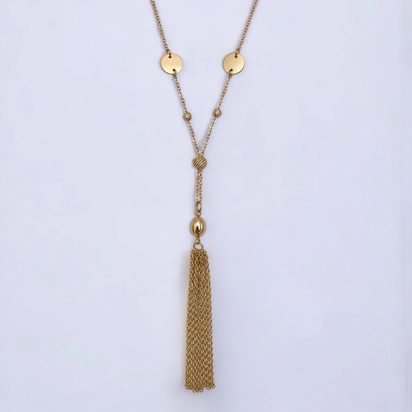 Gold Beaded and Lariat Tassel Necklace