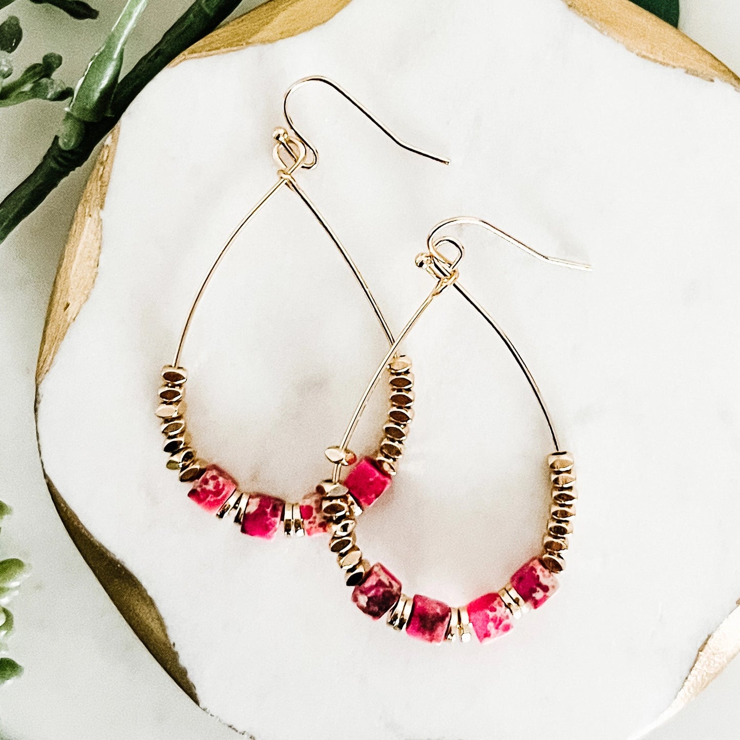 Gold Pink Beaded Hoop Dangle Earrings