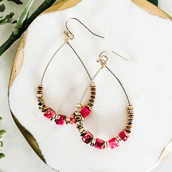 Gold Pink Beaded Hoop Dangle Earrings