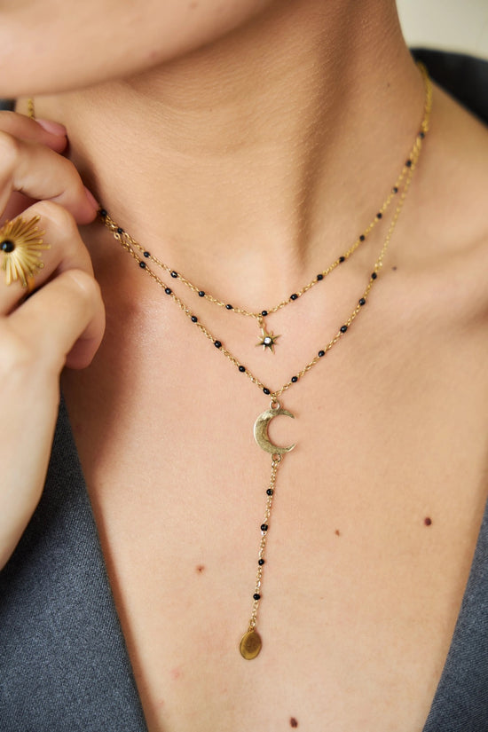 Gold and Black Beaded Star and Moon Double Layered Lariat Necklace