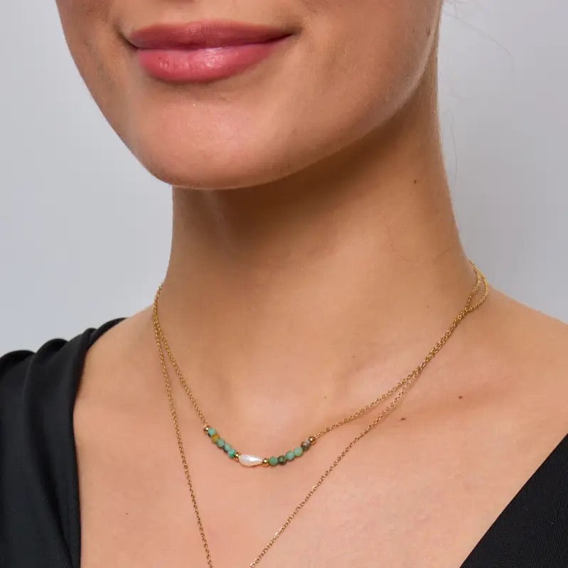 Gold Hammered and Beaded Double Chain Necklace