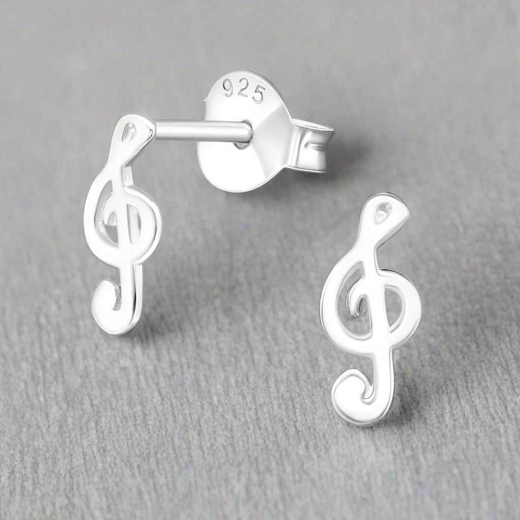 Silver Treble Clef Stud Earrings - Elegant Musical Note Earrings