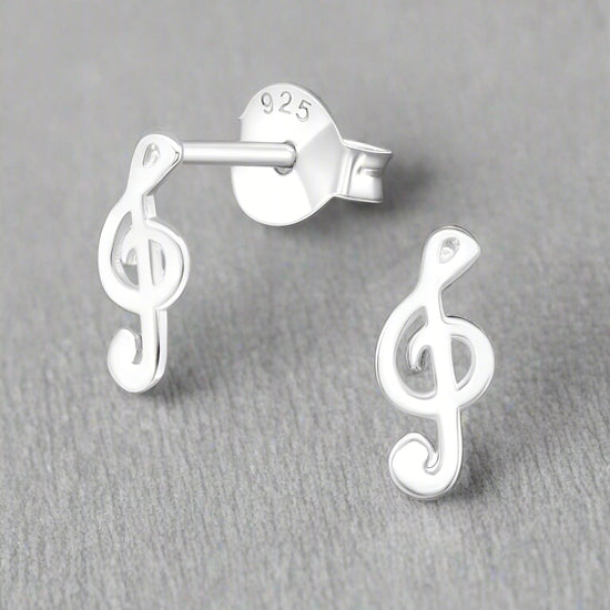 Silver Treble Clef Stud Earrings - Elegant Musical Note Earrings